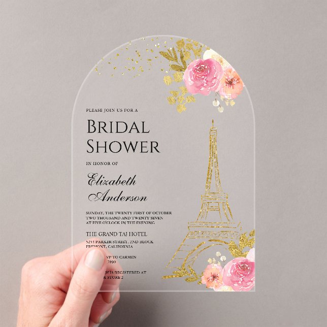 Invitations En Acrylique Pink Floral Gold Eiffel Tower Arch Bridal Shower (In situ (ordinateur de poche))