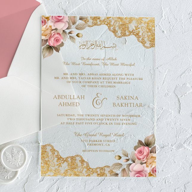 Invitations En Acrylique Pink Floral Gold Lace Muslim Wedding (Créateur téléchargé)