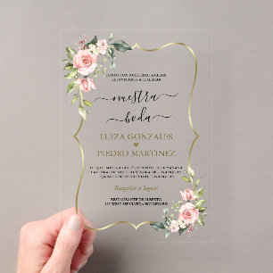 Invitations En Acrylique Pink Floral Or espagnol Calligraphie Nuestra Boda