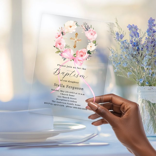 Invitations En Acrylique Pink floral wreath bow cross girl baptism clear (Créateur téléchargé)