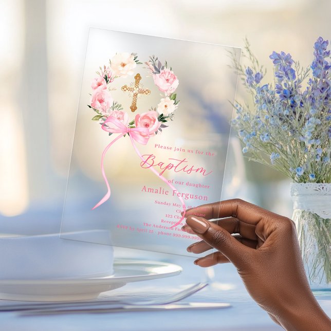 Invitations En Acrylique Pink floral wreath cross bow girl baptism clear (Créateur téléchargé)