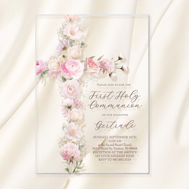 Invitations En Acrylique pink flowers cross First Holy Communion (Créateur téléchargé)
