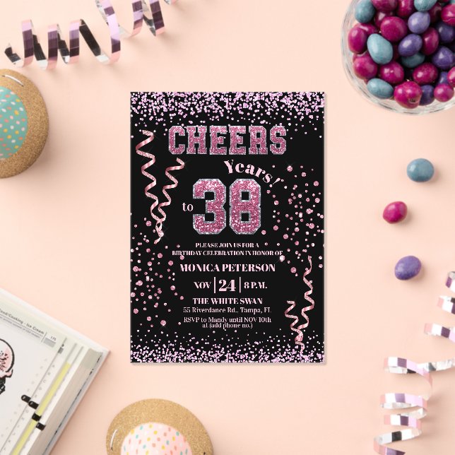 Invitations En Acrylique Pink Glitter Rhinestones 38th Birthday Party  (Insitu (Célébration))