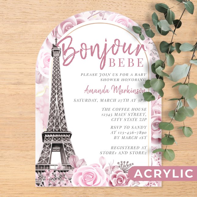 Invitations En Acrylique Pink Gold Floral Bonjour Bebe Baby shower (Créateur téléchargé)