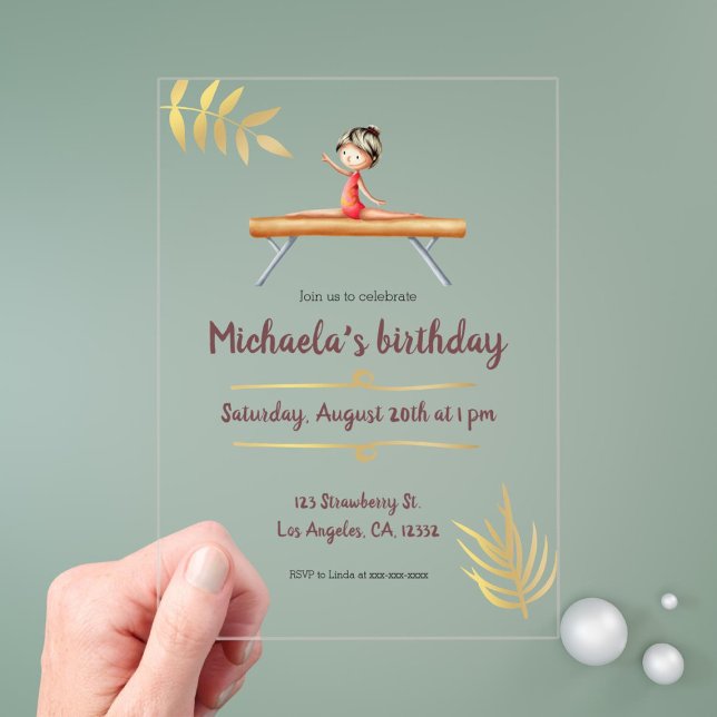 Invitations En Acrylique Pink Gold Gymnastique fille sur poutre Anniversair (Créateur téléchargé)