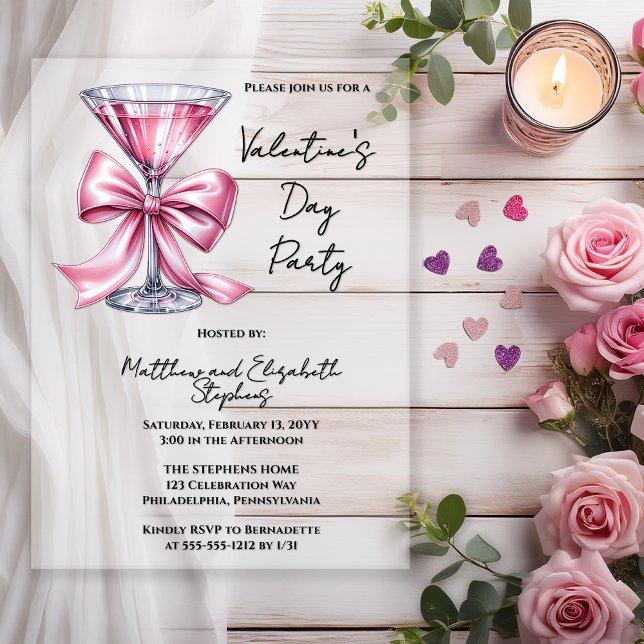 Invitations En Acrylique Pink Martini Coquette Bow Valantine's Day Party (Valentine’s Day Party Acrylic  Invitation | Pink Martini Bow Couple’s Valentine Invite )