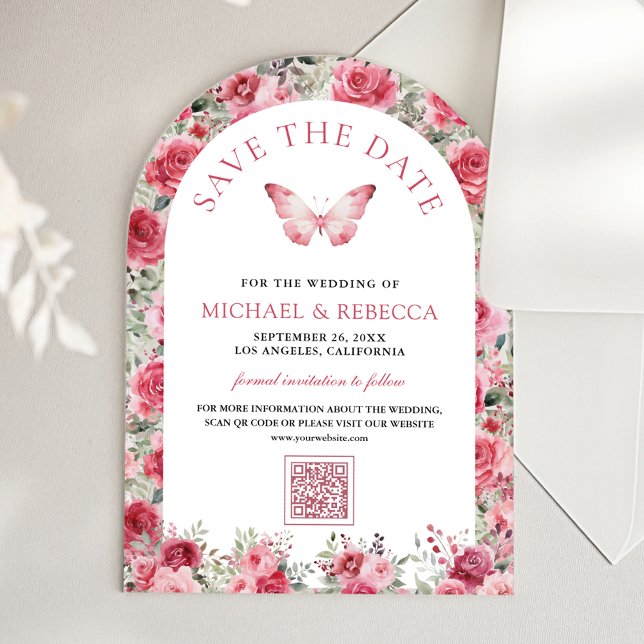 Invitations En Acrylique Pink Red Roses Butterfly Wedding Save the Date (Créateur téléchargé)