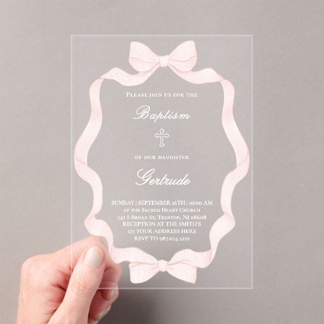 Invitations En Acrylique  pink ribbon frame Baptism  (In situ (ordinateur de poche))