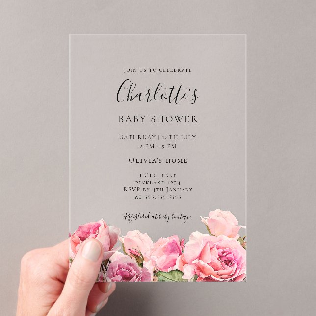 Invitations En Acrylique Pink Rose Girl Baby Shower  (In situ (ordinateur de poche))