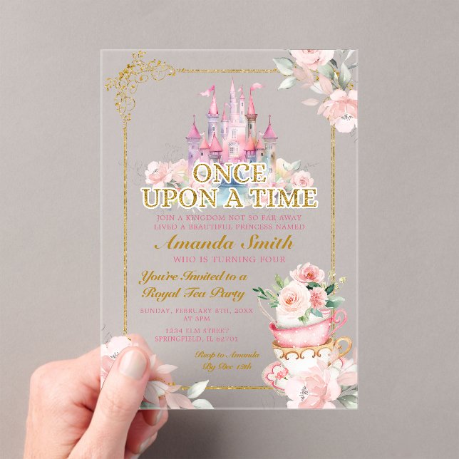 Invitations En Acrylique Pink Royal Castle Princess Tea Party 4e anniversai (In situ (ordinateur de poche))