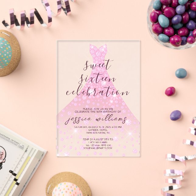 Invitations En Acrylique Pink Sequin Ball Gown Sweet 16 Anniversaire (Insitu (Célébration))