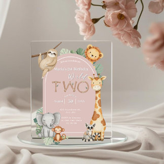 Invitations En Acrylique Pink Tropical Wild Two Jungle Safari Animaux