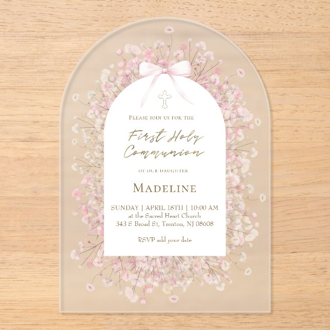 Invitations En Acrylique pink white flowers  First Communion (Recto)