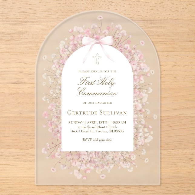Invitations En Acrylique pink white flowers First Holy Communion (Recto)