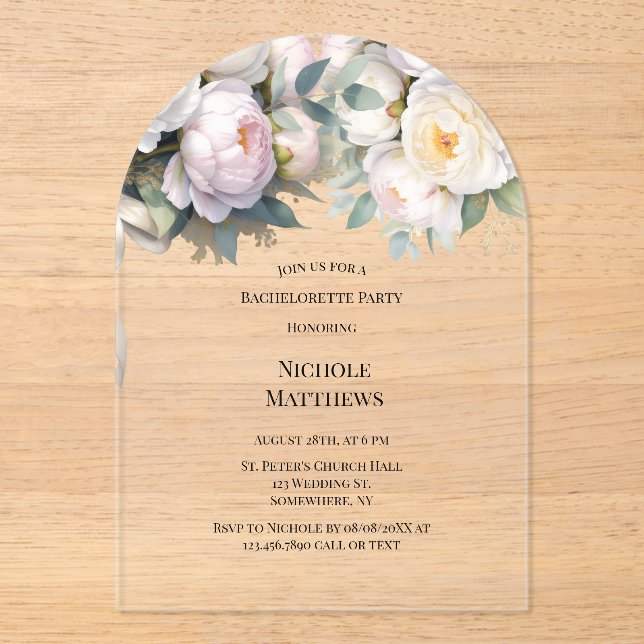 Invitations En Acrylique Pivoine blanche douce avec Enterrement de vie de j (Recto)