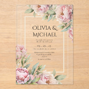 Invitations En Acrylique Pivoines Elegant Mariage Rose Pale