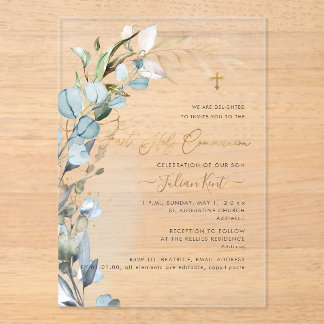 Invitations En Acrylique PixDezines H2 Bleu Poussiéreux Feuillage Eucalyptu