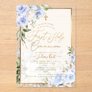 Invitations En Acrylique PixDezines H2 Blue Roses First Holy Communion
