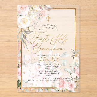 Invitations En Acrylique PixDezines H2 Roses Fuschées Première Sainte Commu