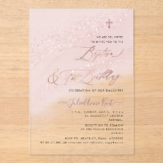 Invitations En Acrylique PixDezines Rose Gold Baptism+1st Birthday