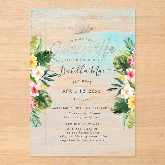 Invitations En Acrylique PixDezines Tropical Flowers+Beach Quinceanera