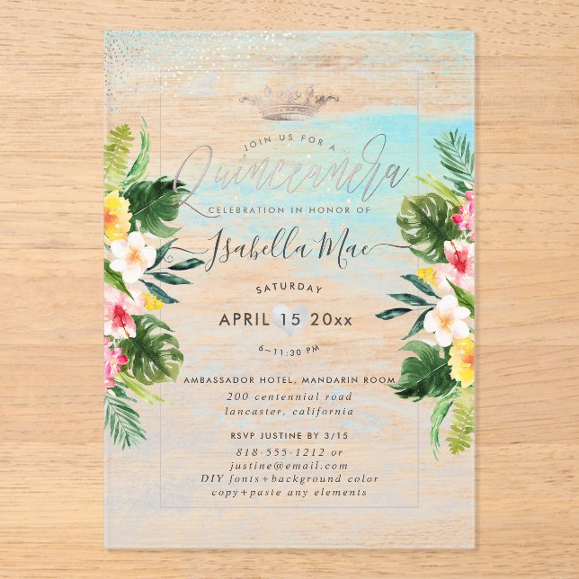 Invitations En Acrylique PixDezines Tropical Flowers+Beach Quinceanera (Recto)