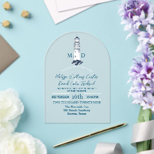 Invitations En Acrylique Plage côtière de bord de mer Mariage phare nautiqu