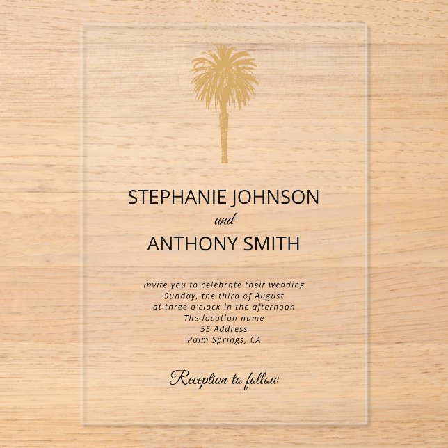 Invitations En Acrylique Plage tropicale Gold Palm Tree Destination Mariage (Recto)