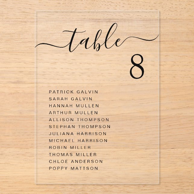 Invitations En Acrylique Plan de table de mariage Chic Script (Recto)