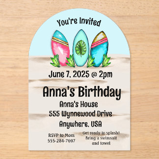 Invitations En Acrylique Planches de surf rétro, Rose, 