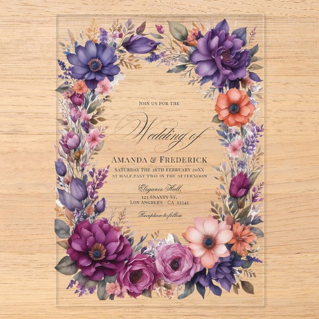 Invitations En Acrylique Plum, gris, cuivre et Dusty Rose Mariage floral (Recto)