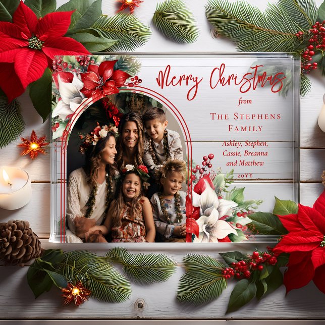 Invitations En Acrylique Poinsettias et Pine Arched Photo Joyeux Noël (Elegant Poinsettias, Holly and Berries Arched Photo "Merry Christmas" Acrylic Family Greeting Card)