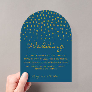 Invitations En Acrylique Pois Dorés - Bleu et Or - Mariage