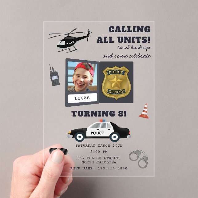 Invitations En Acrylique Police Themed Policeman Cop Birthday Photo (In situ (ordinateur de poche))