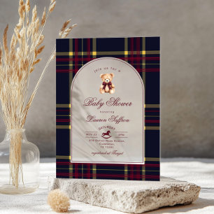 Invitations En Acrylique Polo Teddy Bear Vin Red plaid Arch Baby shower