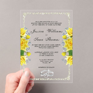 Invitations En Acrylique Posh encadré, Anneaux de diamant et Mariage de Ros