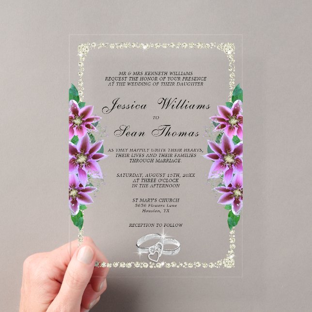 Invitations En Acrylique Posh encadré, Anneaux Diamants & Clematis Mariage (In situ (ordinateur de poche))