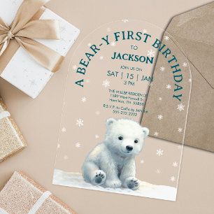 Invitations En Acrylique Premier Anniversaire de Bébé Ours Polaire Clair