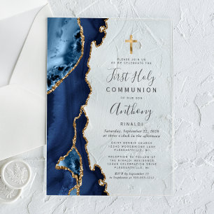 Invitations En Acrylique Première communion Agate Géode Bleu Paillettes Or