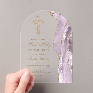Invitations En Acrylique Première communion Agate Lilas Poussiéreux