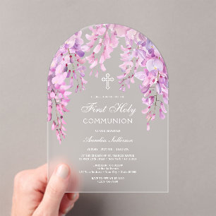 Invitations En Acrylique Première communion au glycine rose