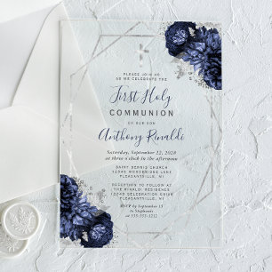 Invitations En Acrylique Première communion cadre argent fleurs bleu marine