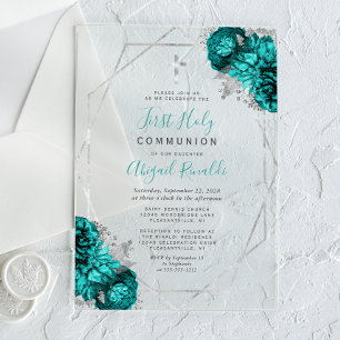 Invitations En Acrylique Première communion cadre argent floral bleu sarcel