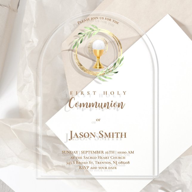 Invitations En Acrylique première communion catholique cercle d'or feuilles (Créateur téléchargé)