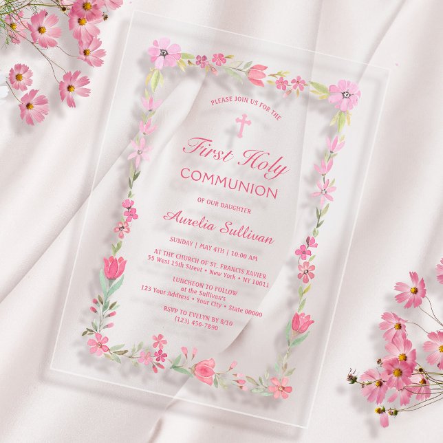 Invitations En Acrylique Première communion de cadre floral rose clair (Créateur téléchargé)