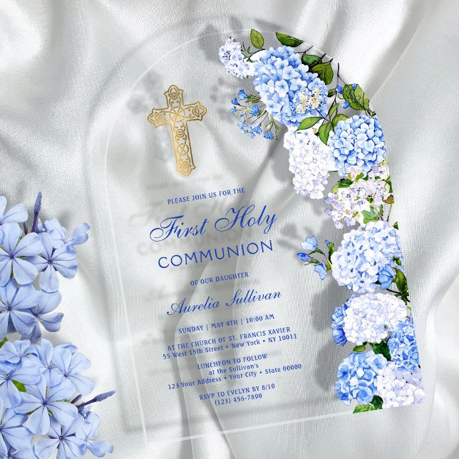 Invitations En Acrylique Première communion de l'arc bleu Hydrangea (Créateur téléchargé)