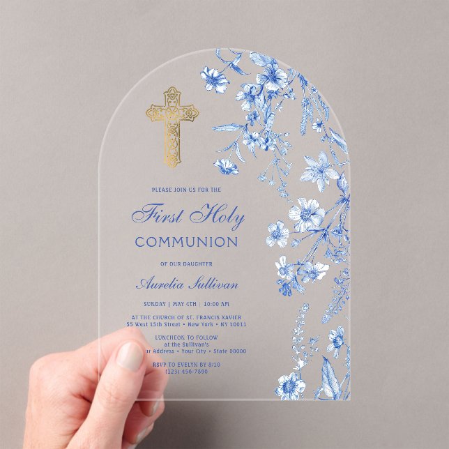 Invitations En Acrylique Première communion de l'Arc Fleur sauvage bleu fra (In situ (ordinateur de poche))