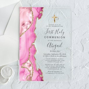 Invitations En Acrylique Première communion des filles en agate or rose