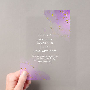 Invitations En Acrylique première communion éclaboussure aquarelle violette
