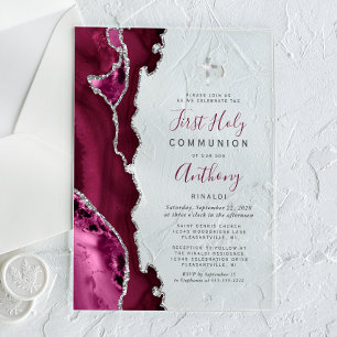 Invitations En Acrylique Première communion en agate argentée de Bourgogne